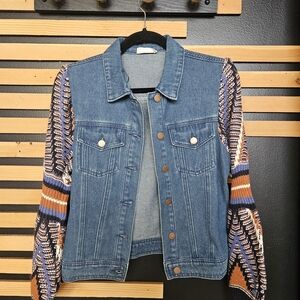 URBAN DAIZY Women's Western Dark Denim Jacket Sweater Knit Sleeves NEW NWT S-L